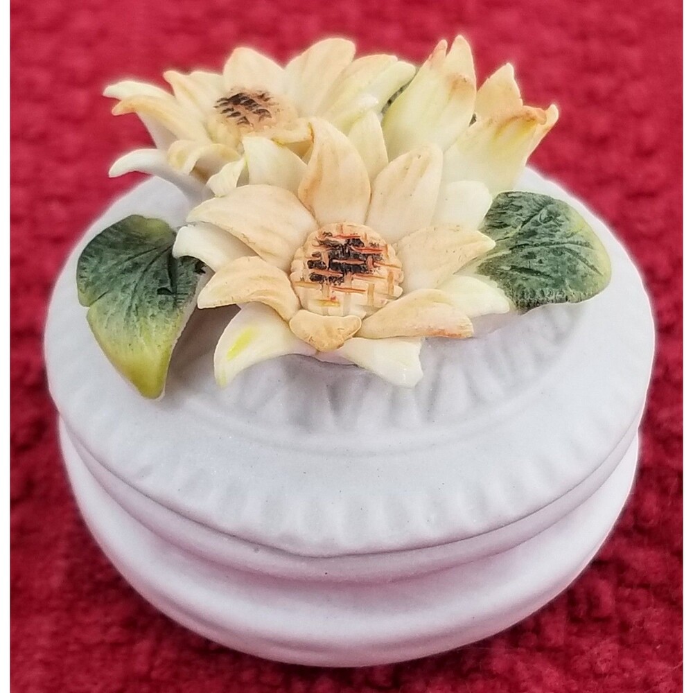 Victorian Trading Co Mini Floral Lidded Porcelain Bisque Vanity Trinket Box